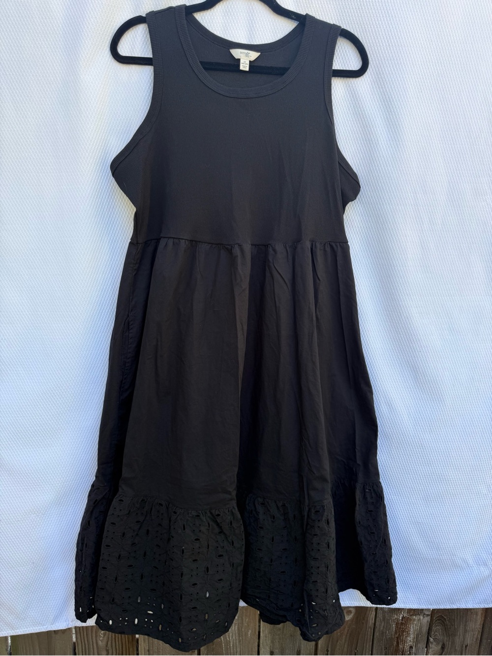Terra & Sky Plus 1X Black Ribbed Tank Tiered Eyelet Midi Dress Pockets